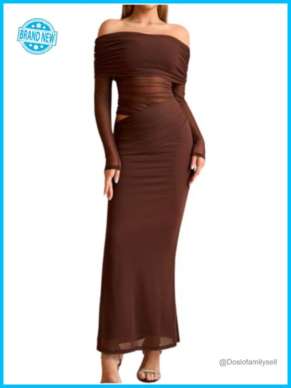 Off Shoulder Long Sleeve Mesh Ruched Bodycon Maxi Dress Cutout Formal